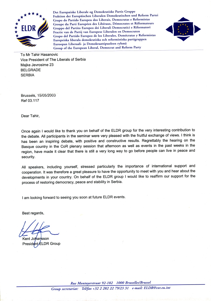 Liberali Srbije i Tahir Hasanović kao uvodničar na tribini u Evropskom parlamentu, zahvalnica