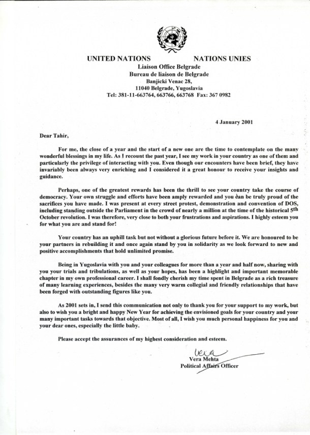 Pismo zahvalnosti gospođe Vere Mehta, UN, povodom dugogodišnje saradnje Pismo zahvalnosti gospođe Vere Mehta, UN, povodom dugogodišnje saradnje